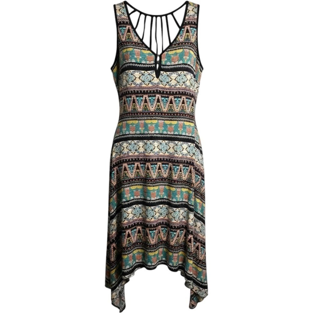Mlle Gabrielle Dress Womens 1X Multicolor Tribal Print Strappy Back Midi Hem